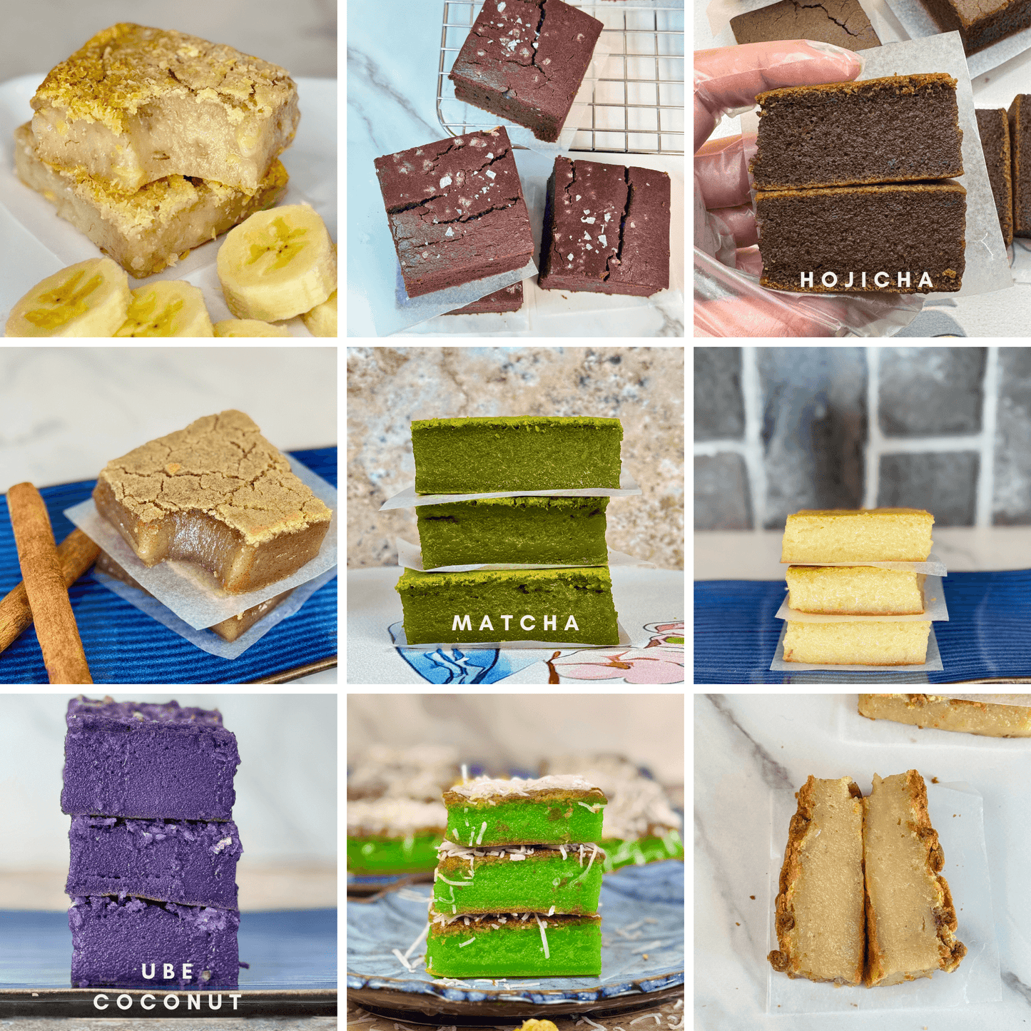 Build Your Own Mochi Cake Sampler – 18 Pieces selection showcasing different flavors like Hojicha, Matcha, and Ube Coconut.