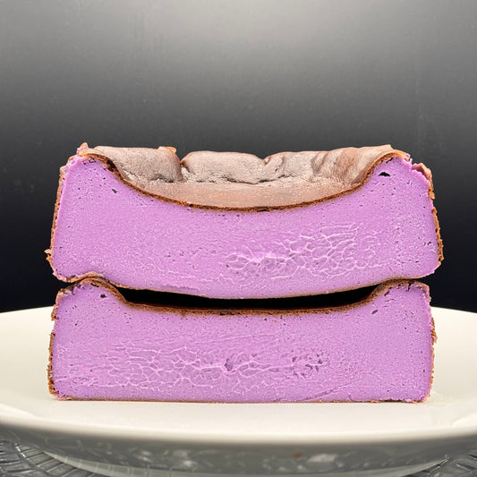 Ube Basque Burnt Cheesecake Gluten Free shown on a plate with a soft, creamy interior and caramelized top.