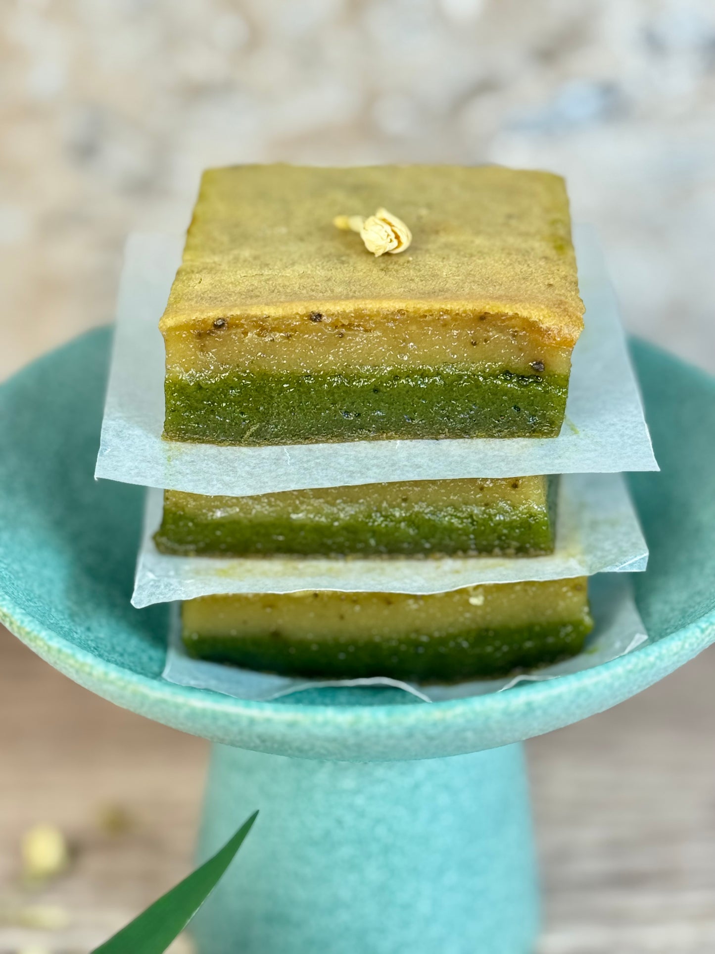 Vegan Jasmine Matcha Mochi Cake, organic dessert with layers of matcha and jasmine flavors, perfect for plant-based lovers.