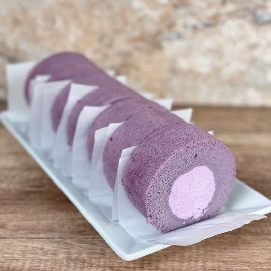 Ube Cake Roll with Taro Filling ( low Sugar, Organic Ingredients)