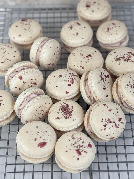 Organic Rose Macaron - 12 pieces of delicate French confections with rose-infused filling and almond meringue shells.