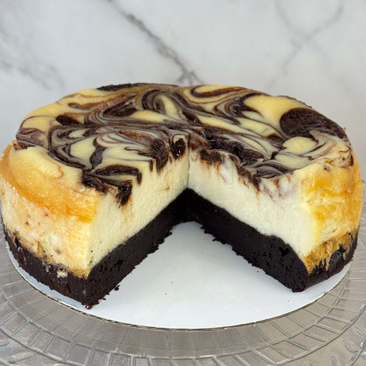 Swirl brownie cheesecake with chocolate swirl, rich dessert with creamy cheesecake and fudgy brownie base, 6 inch.