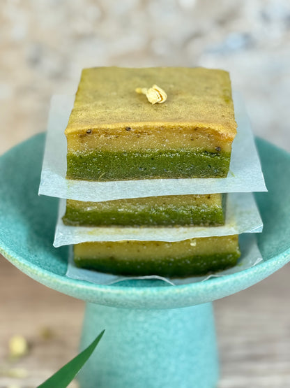 Vegan Jasmine Matcha Mochi Cake, organic dessert with layers of matcha and jasmine flavors, perfect for plant-based lovers.