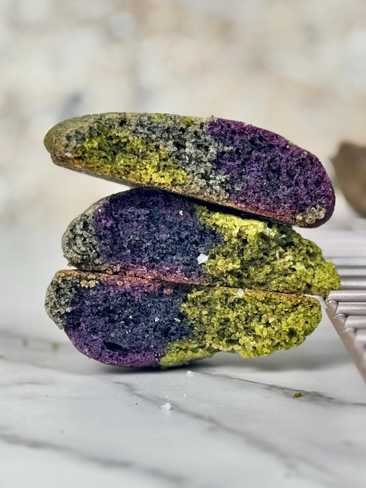 One dozen organic Black Sesame Neapolitan Cookies with layers of black sesame, vanilla, and sweet potato for a colorful, nutty, and tender treat.